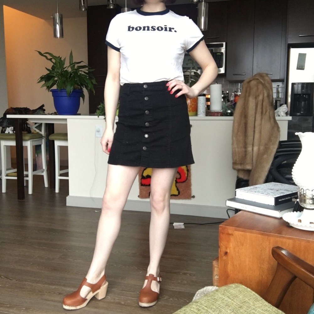 SOLD Black denim button front a line skirt